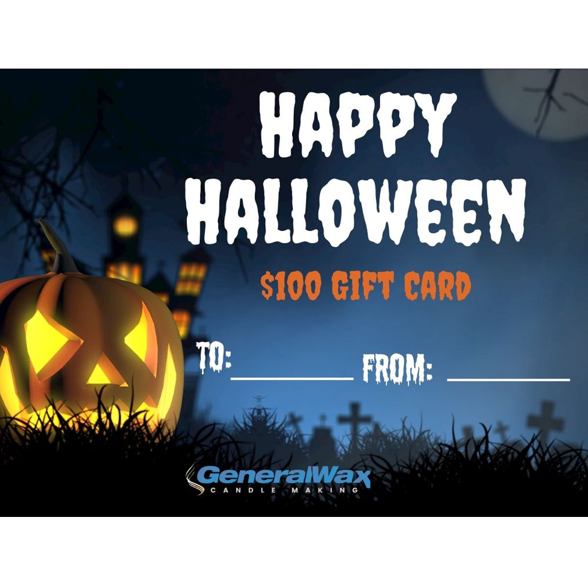 Halloween-themed gift card with a pumpkin and dark background, featuring GeneralWax branding.