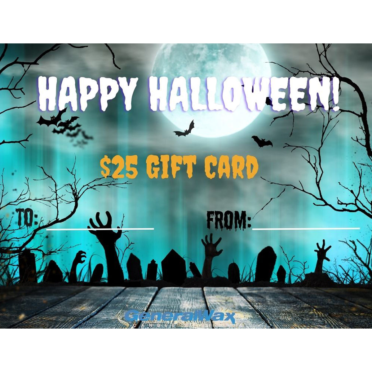 Halloween-themed gift card with a spooky graveyard and full moon background.