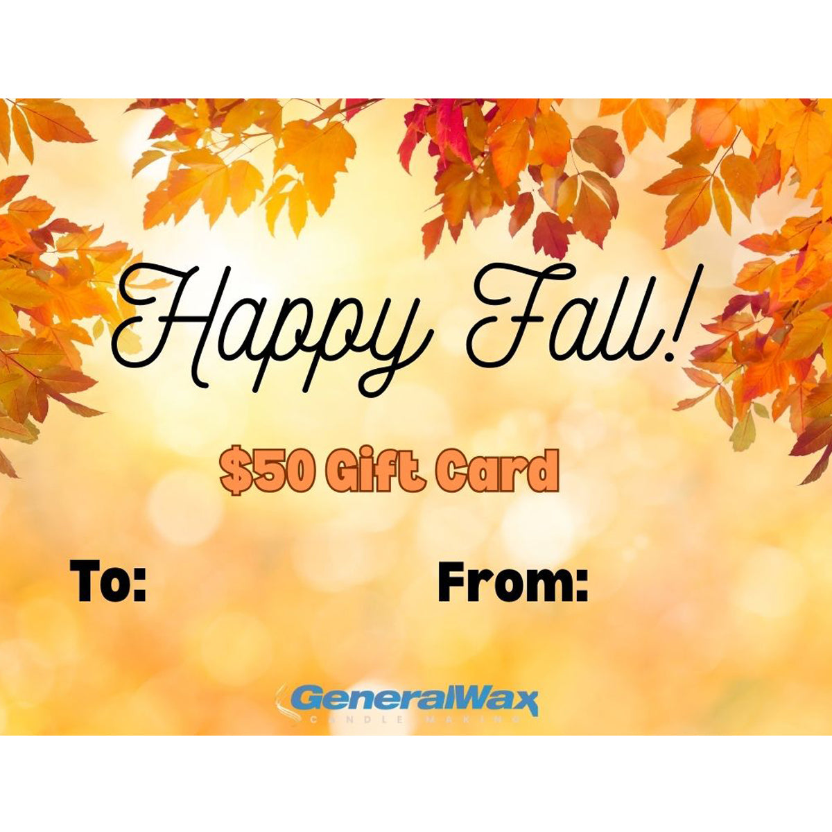 Gift card with autumn leaves and 'Happy Fall!' text on a blurred background