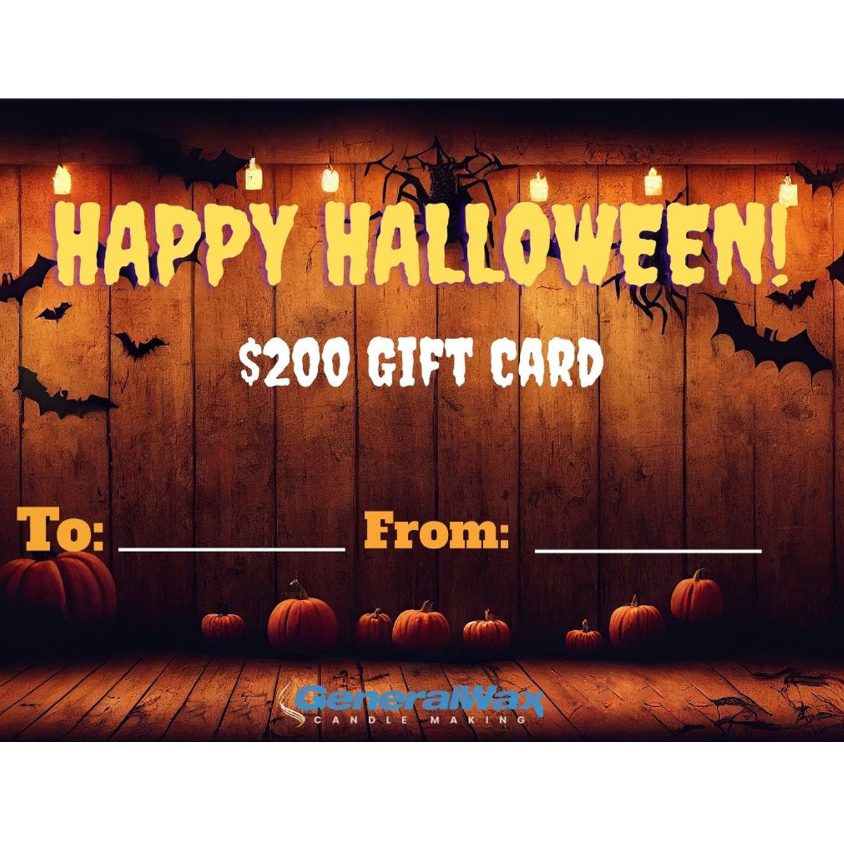 Halloween-themed gift card with pumpkins, bats, and candles on a wooden background.