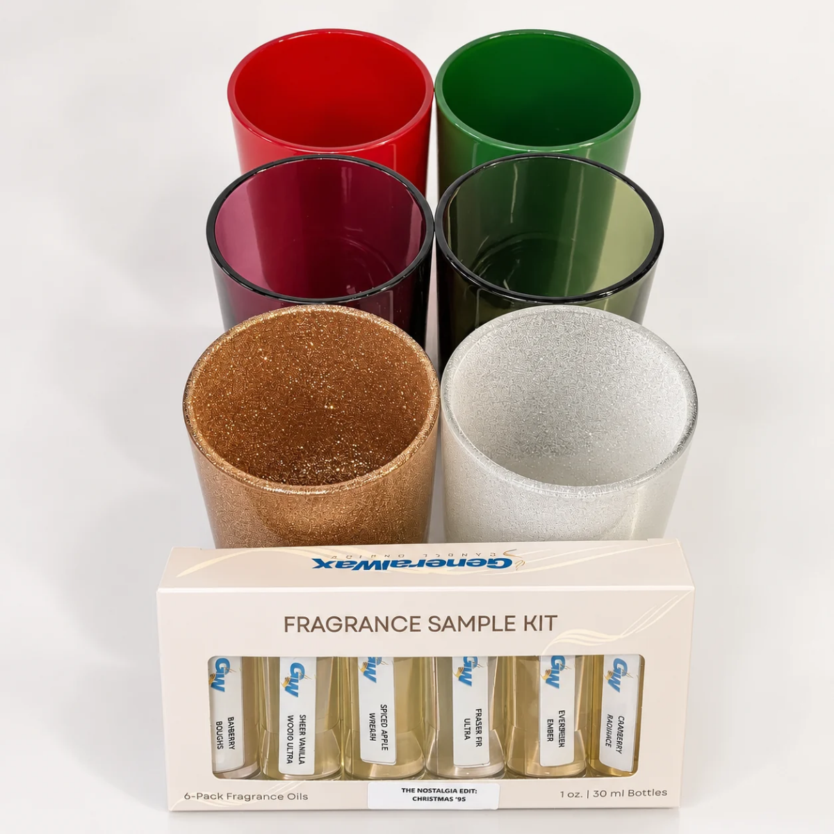 Six Havana candle jars with the Christmas ’95 six-pack fragrance sample kit