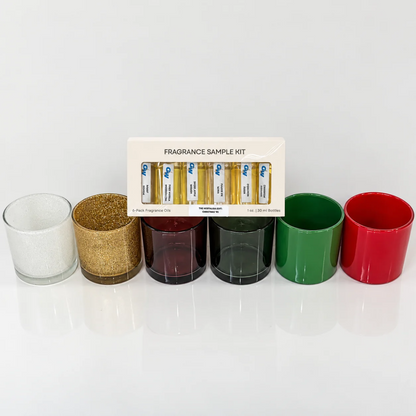Christmas ’95 fragrance sample kit displayed above six Monticiano candle jars