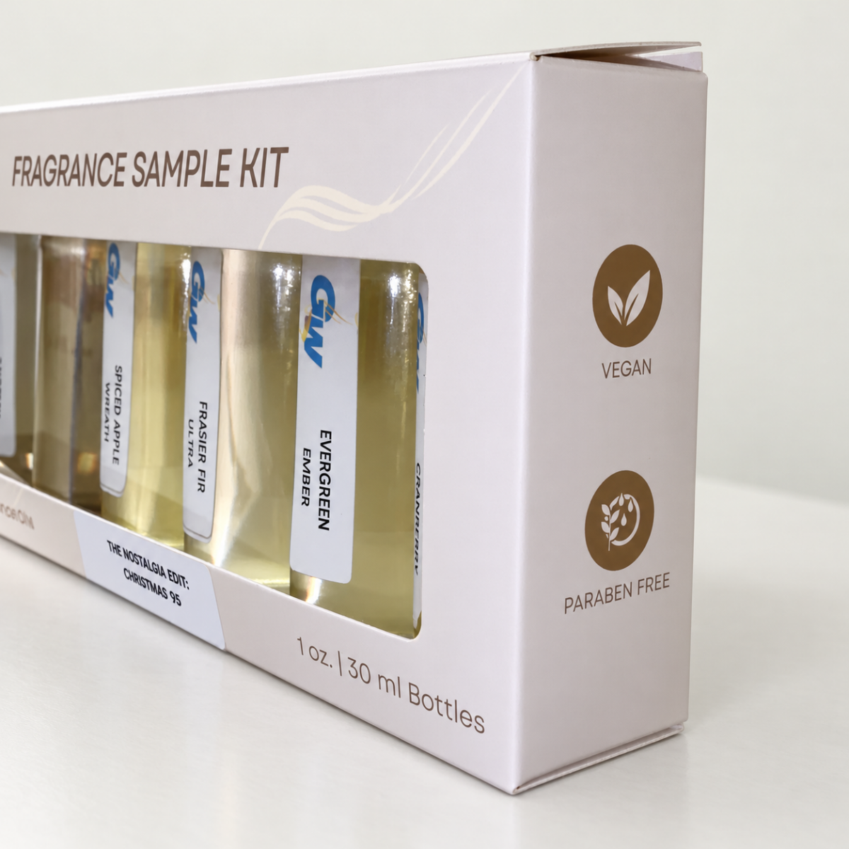 Christmas ’95 fragrance sample kit packaging showing vegan and paraben-free symbols