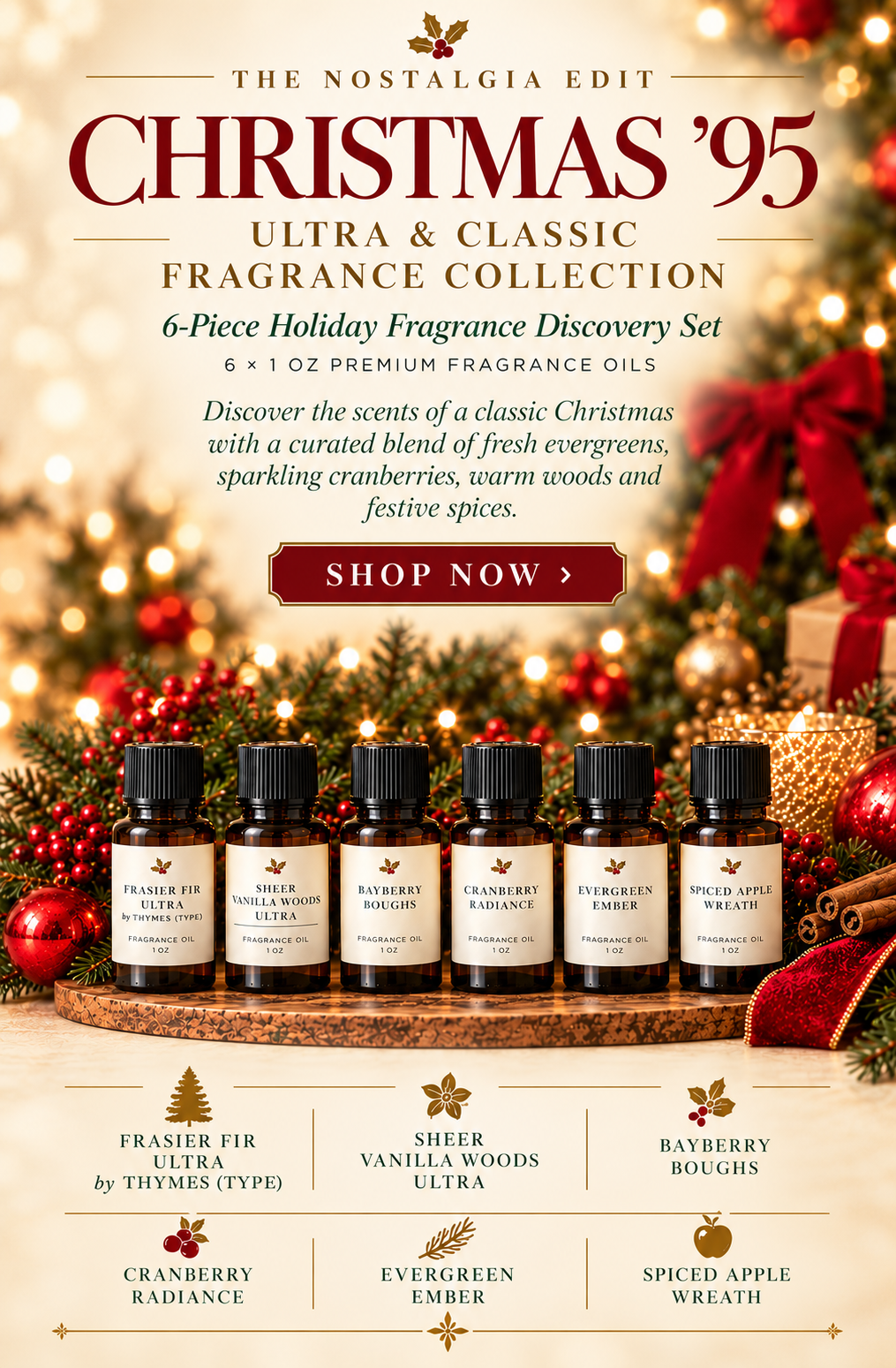 Christmas ’95 holiday candle fragrance oil set with six 1 oz bottles