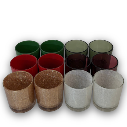 Christmas candle making jars in red green wine and rose gold tones