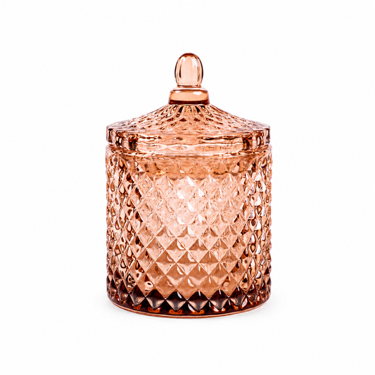 Decorative bronze candle jar with diamond pattern and glossy finish