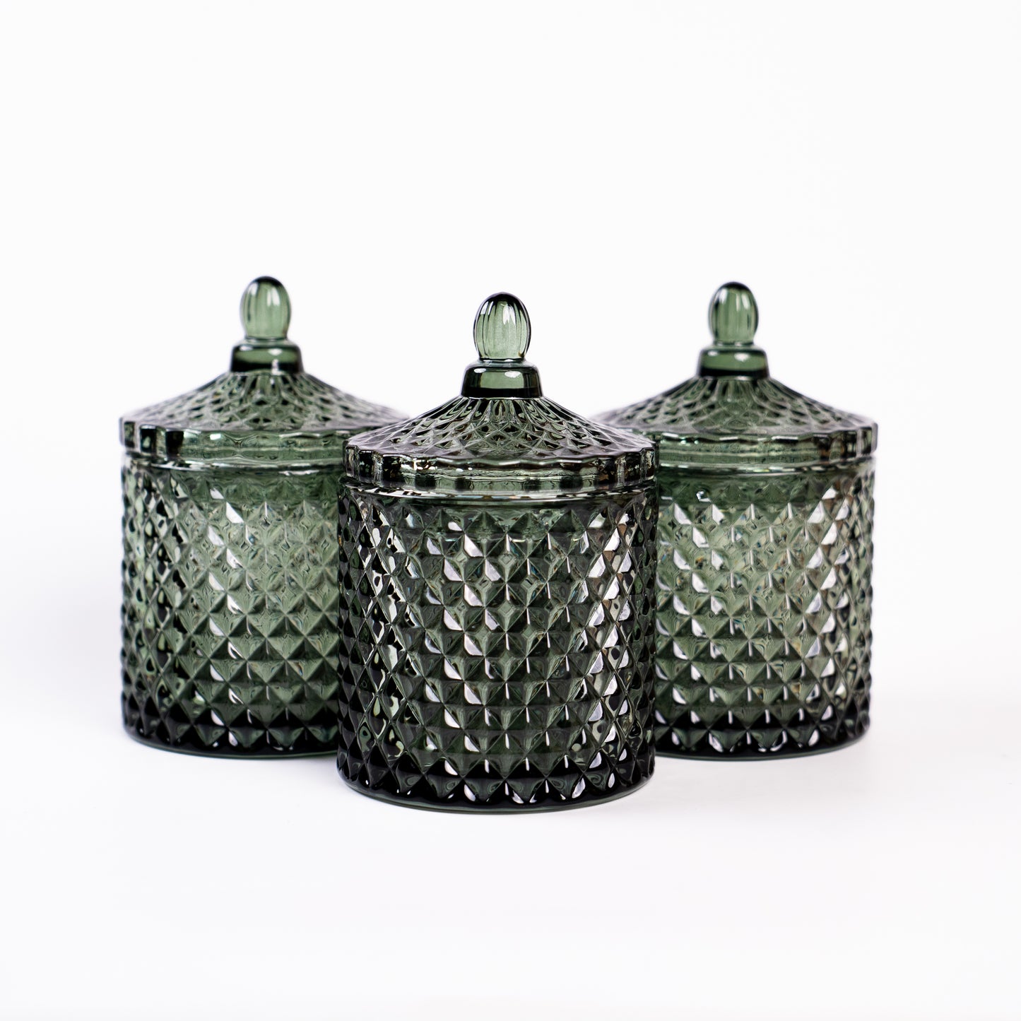 Evergreen France candle jar with decorative glass lid and diamond texture