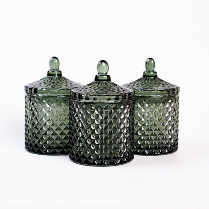Evergreen France candle jar with decorative glass lid and diamond texture