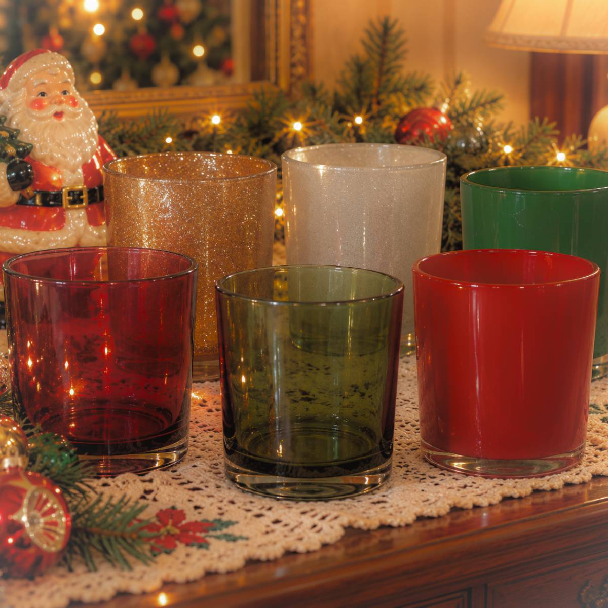 Havana glass candle jars with glossy, translucent, and glitter finishes