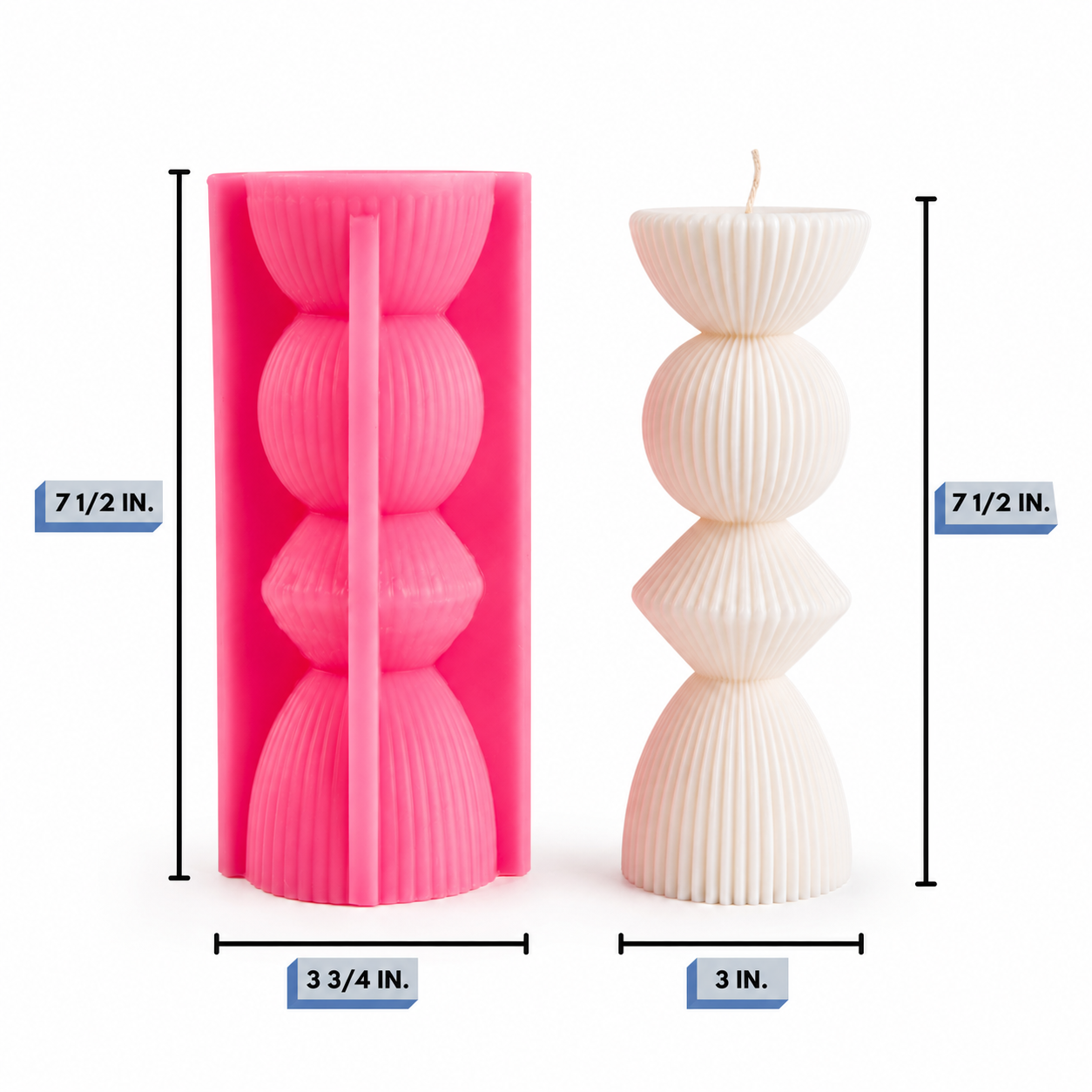 Medium Ribbed Pillar Silicone Candle Mold dimensions
