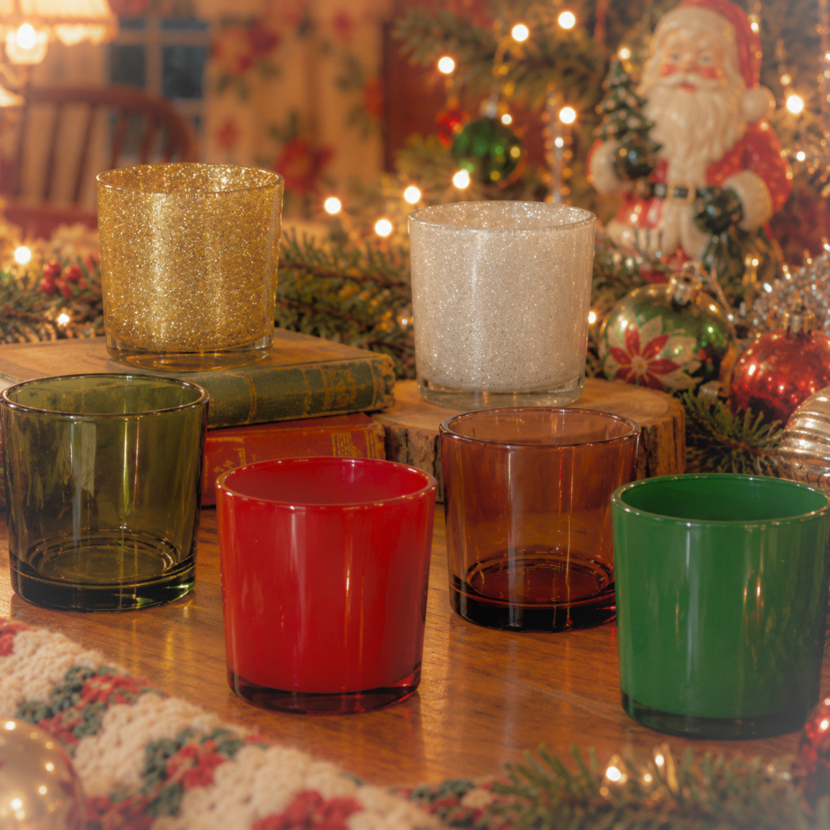 Monticiano Candy Cane Red and Mistletoe Green glass candle jars