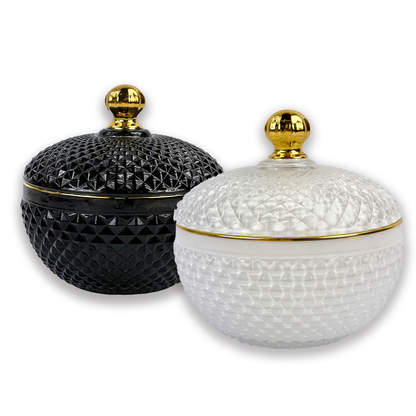 black and white vanity candle jars