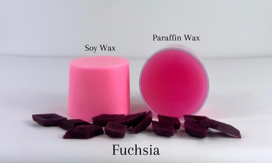 Fuchsia Candle Dye Chips with soy wax and paraffin wax color samples