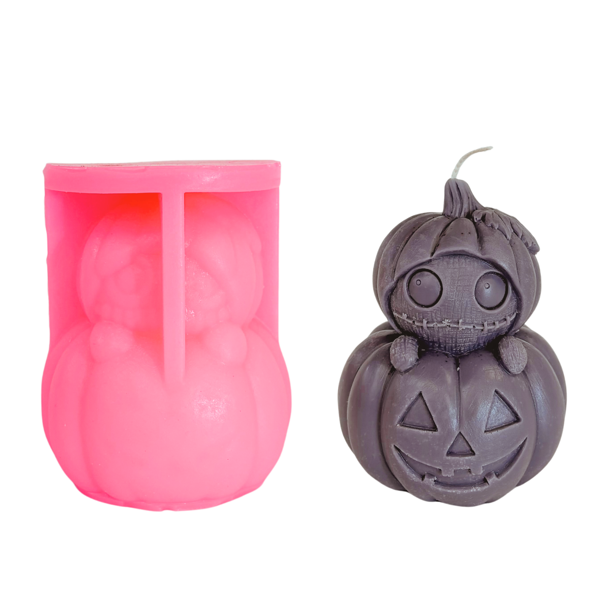 A pink pumpkin-shaped candle mold shown next to the finished product, a dark gray jack-o'-lantern candle with a stitched, cute face