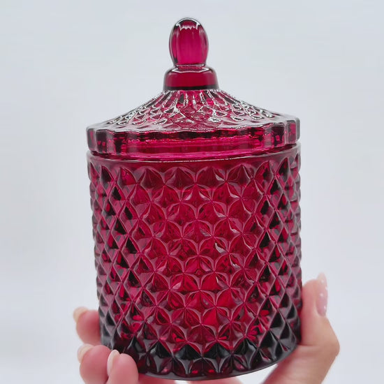 ruby glossy candle jar with a lid